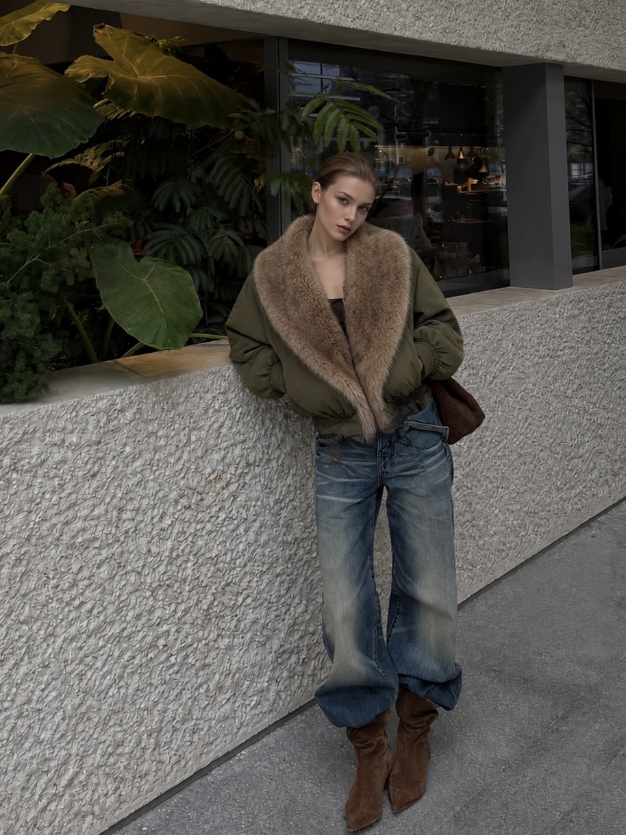 Oversize bomber bunda s kožíškovým límcem